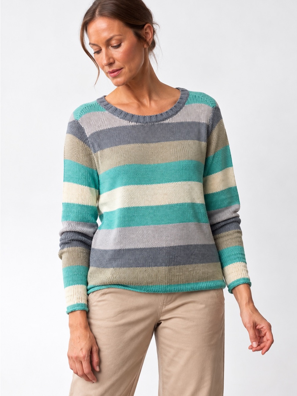 Habitat Multicolor Striped Knit Sweater Teal Grey Cream Pullover NWOT